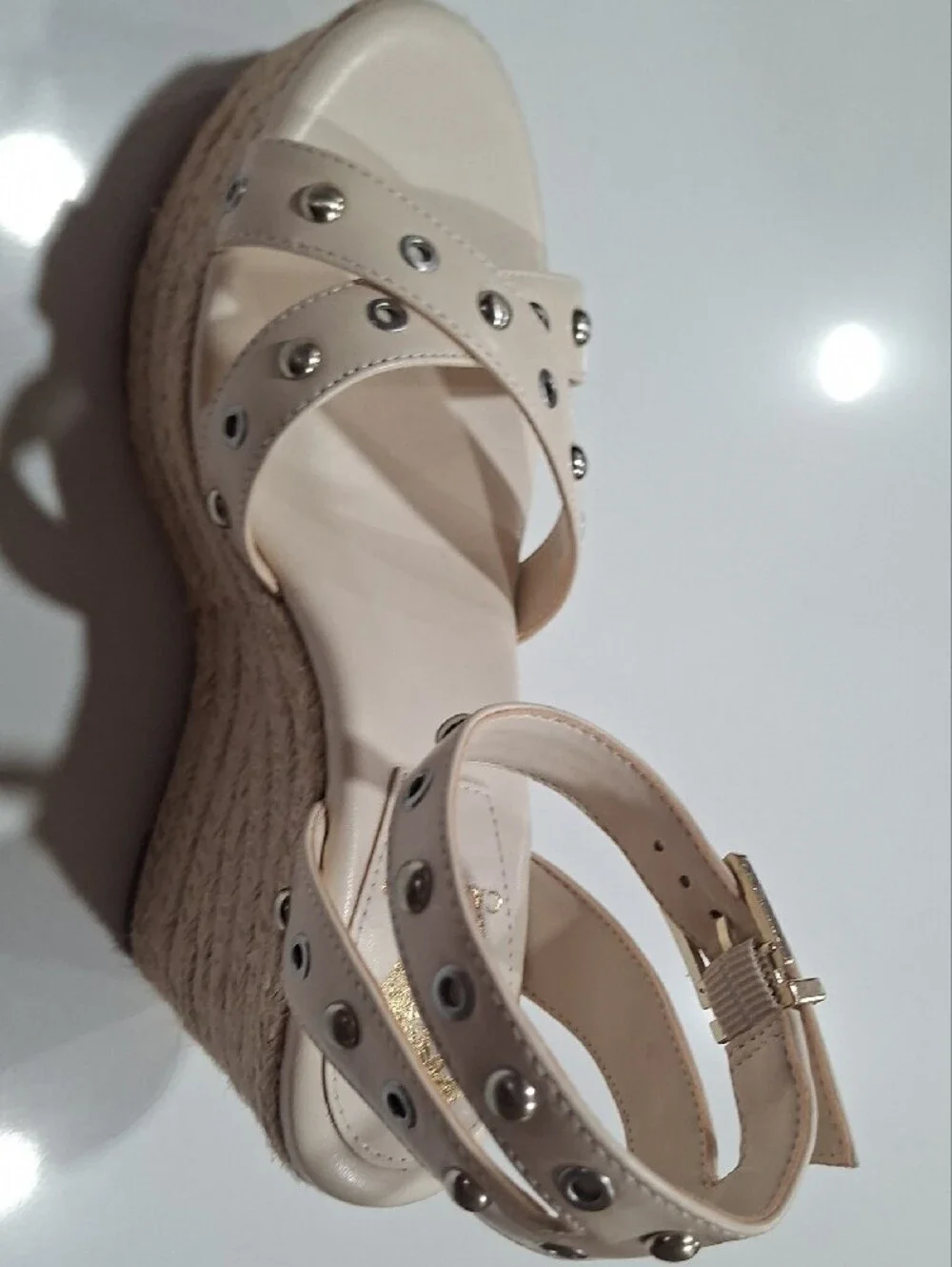 Vince Camuto Cream Studded Ankle-Strap Wedge Sandals